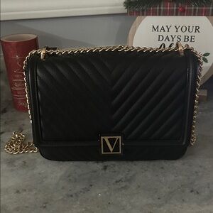 Victoria's Secret Black Quilted Crossbody Bag with Gold Chain